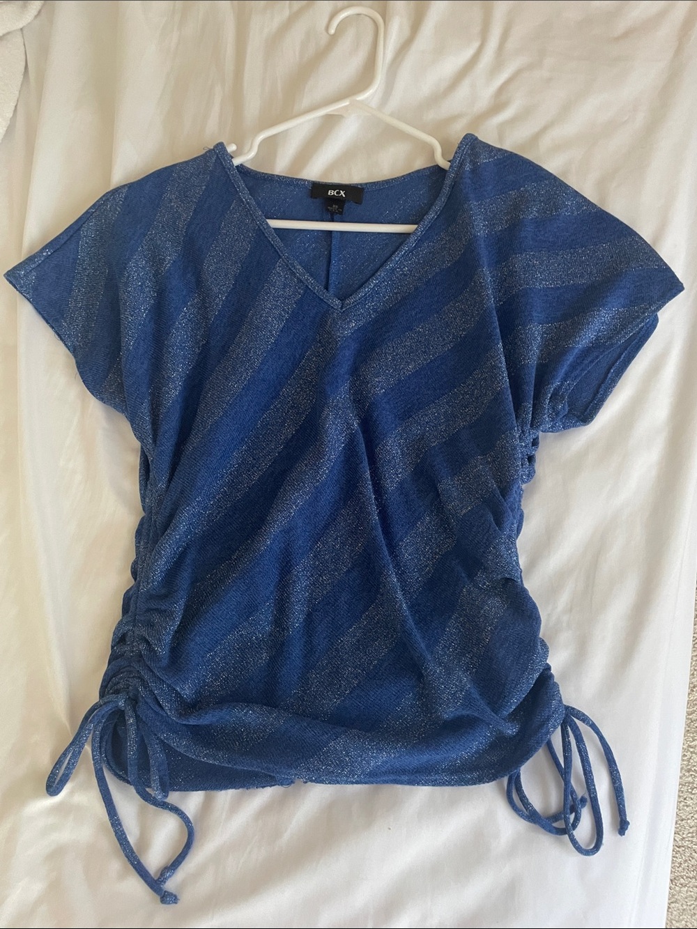 BCX Blue Metallic Stripe V-Neck Ruched Short Sleeve Top